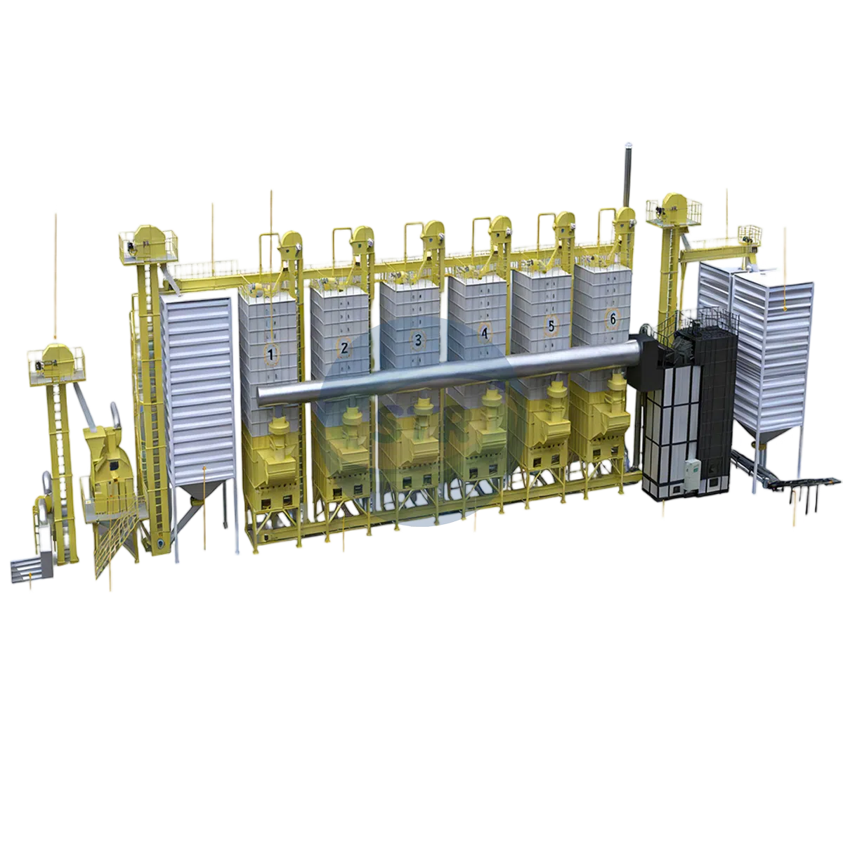 Sistem pengeringan gabah 192 ton batch satu penggerak untuk enam unit